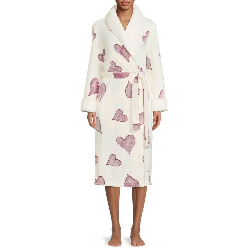 Secret Treasures Women's Plush Robe White Purple Hearts Faux‎ Minky XL